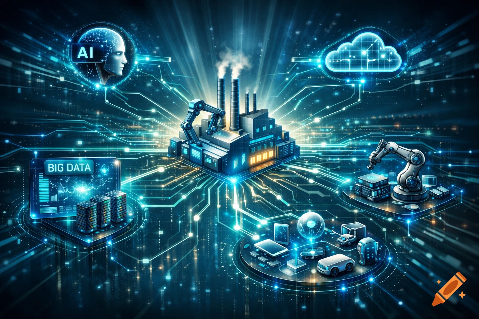 A futuristic digital illustration of Industry 4.0, featuring a smart factory, AI brain, big data servers, cloud computing, robots, and smart cars, all interconnected by glowing circuits.