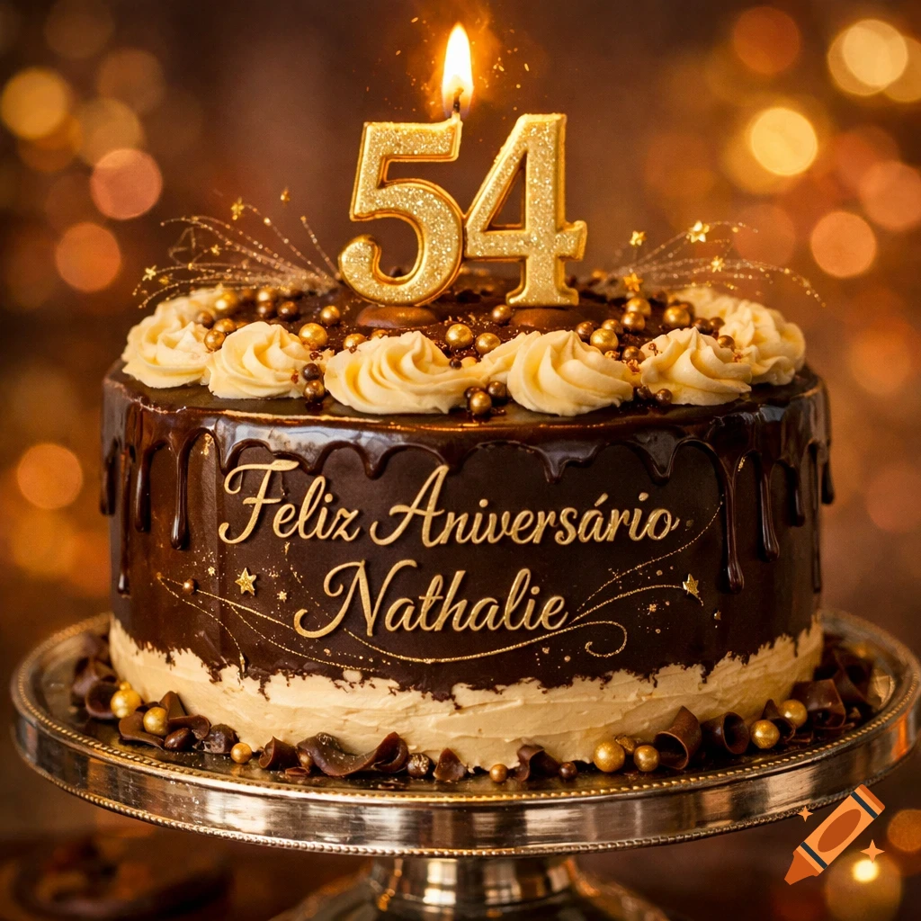 A chocolate birthday cake with a lit '54' candle, gold sprinkles, cream frosting, and 'Feliz Anivers rio Nathalie' text, set against a warm bokeh background.