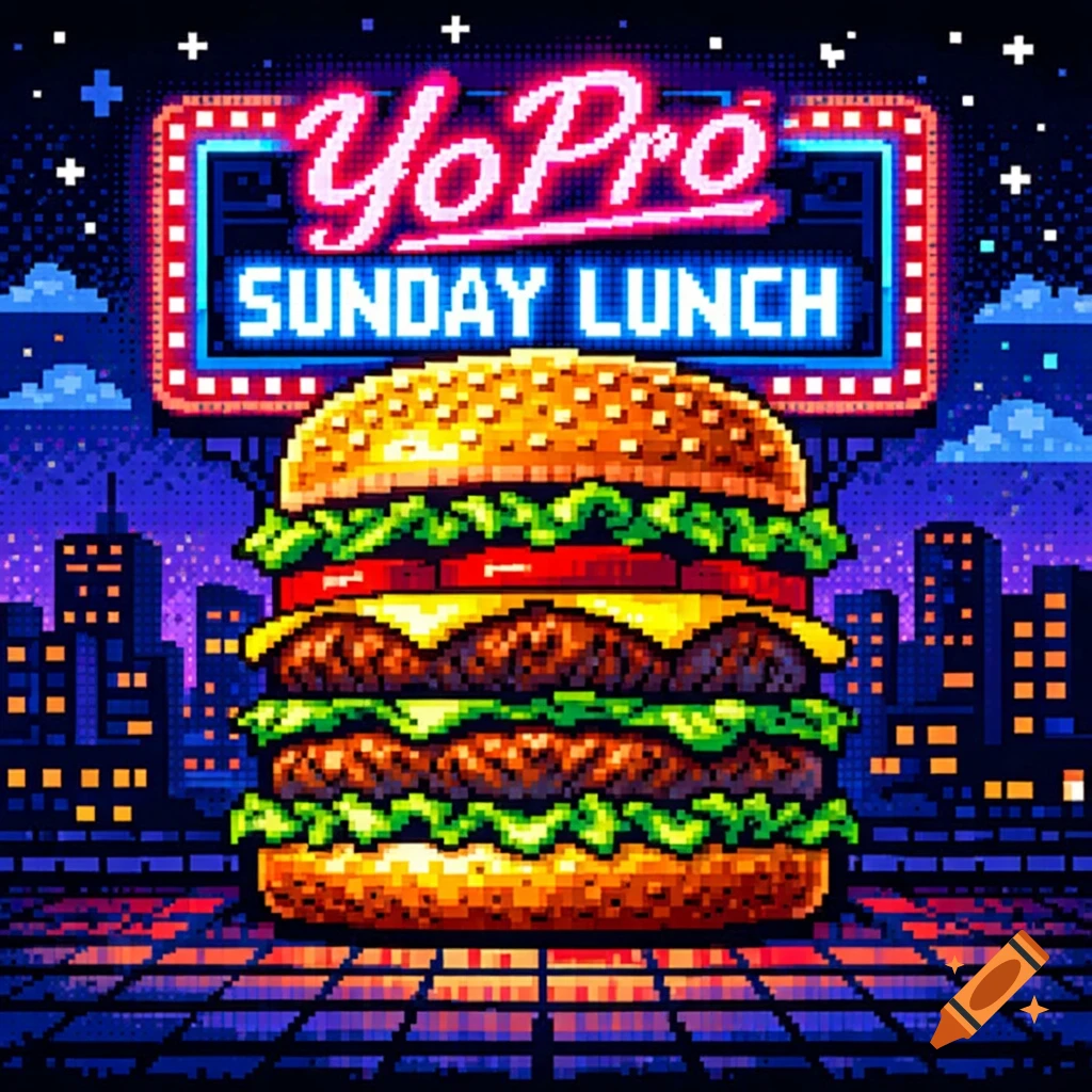 8-bit pixel art of a large burger with a neon sign above it reading 'YoPro SUNDAY LUNCH' against a city skyline at night.