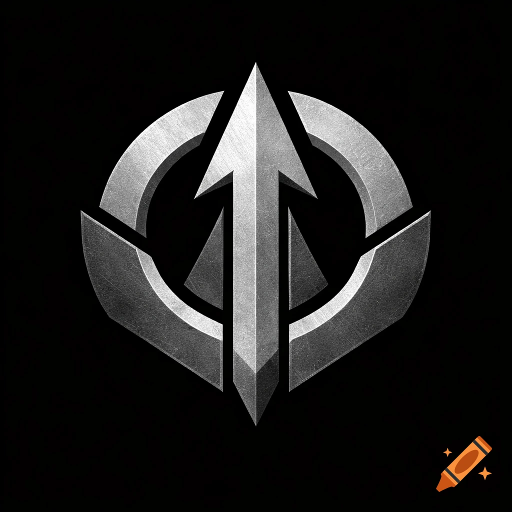 A metallic grayscale gaming emblem featuring a central upward arrow surrounded by fragmented geometric shapes.