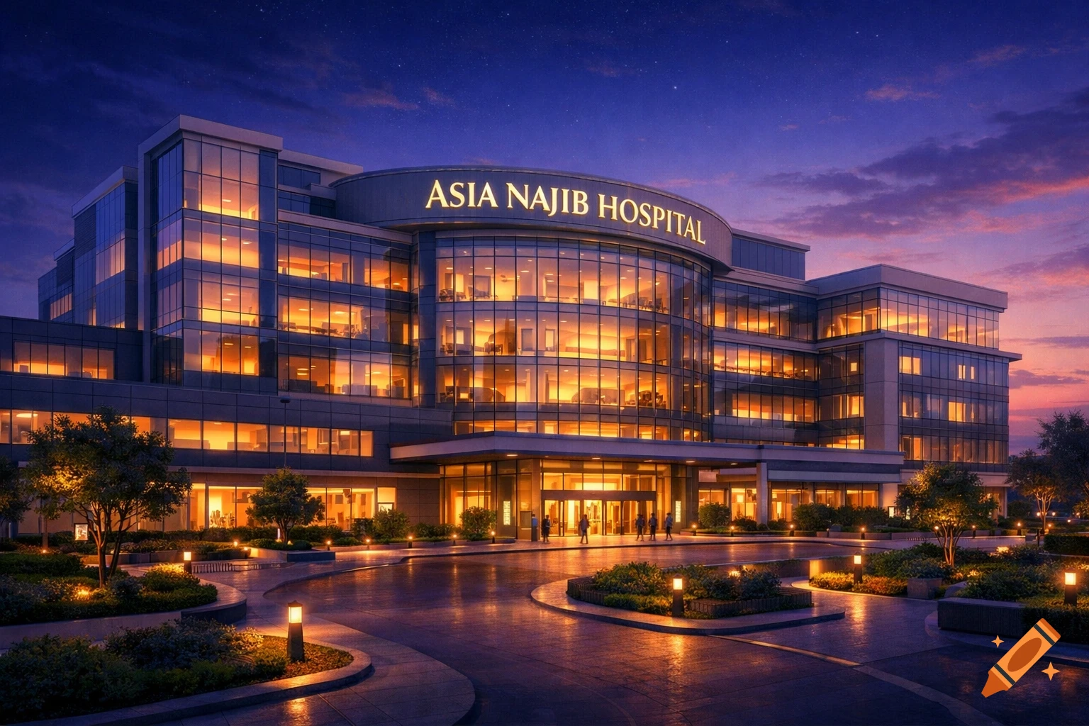 Photorealistic image of a modern hospital building named 'Asia Najib Hospital' at night, with illuminated windows and a welcoming entrance.