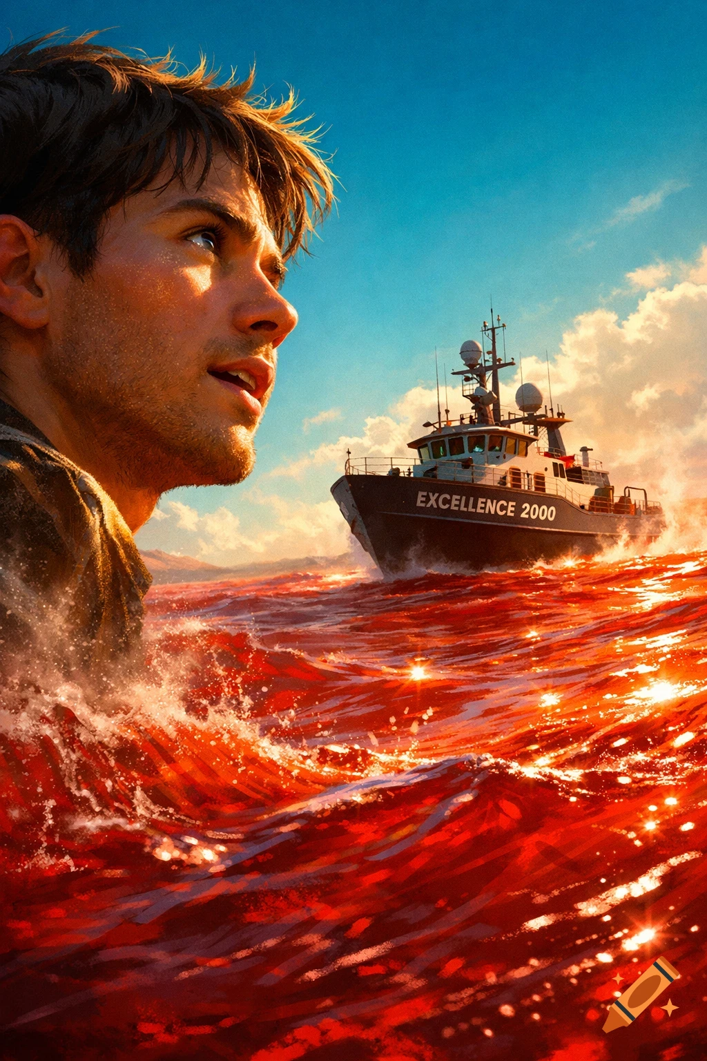 A man is partially submerged in brilliant red-orange water, looking up at a ship labeled 'EXCELLENCE 2000' under a blue sky.