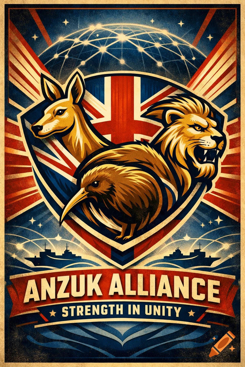 Vintage patriotic poster with a kangaroo, kiwi, and lion on a shield over the Union Jack, reading "ANZUK ALLIANCE" and "STRENGTH IN UNITY".
