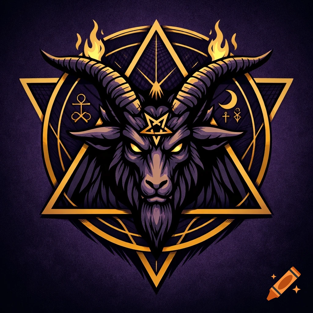 Stylized Baphomet head with glowing eyes and horns, set within a gold triangle and circle on a purple background, surrounded by various occult symbols.