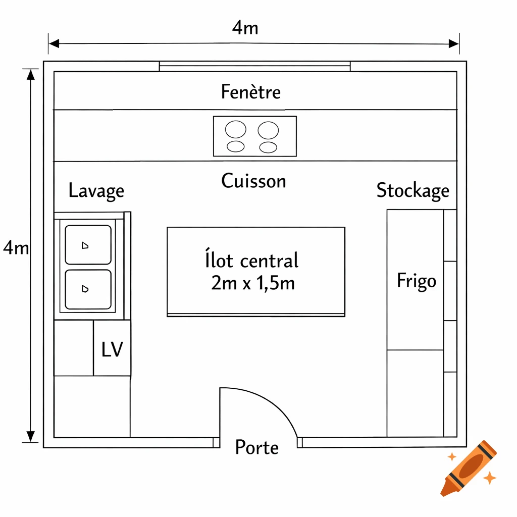 2D architectural top-down plan of a 4m x 4m kitchen with a central island, washing area, cooking zone, and storage.