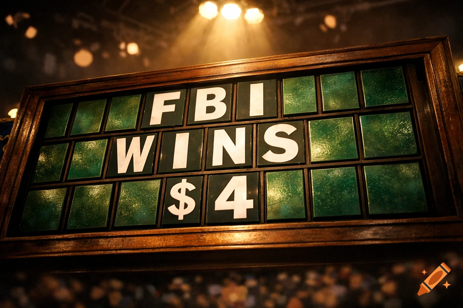A low-angle close-up of a game show letter board under spotlight, displaying the phrase 'FBI WINS $4' in white letters.