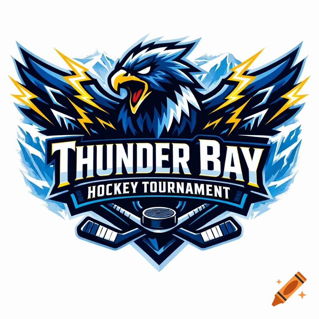 Logo for Thunder Bay Hockey Tournament featuring an eagle with lightning bolts and crossed hockey sticks.