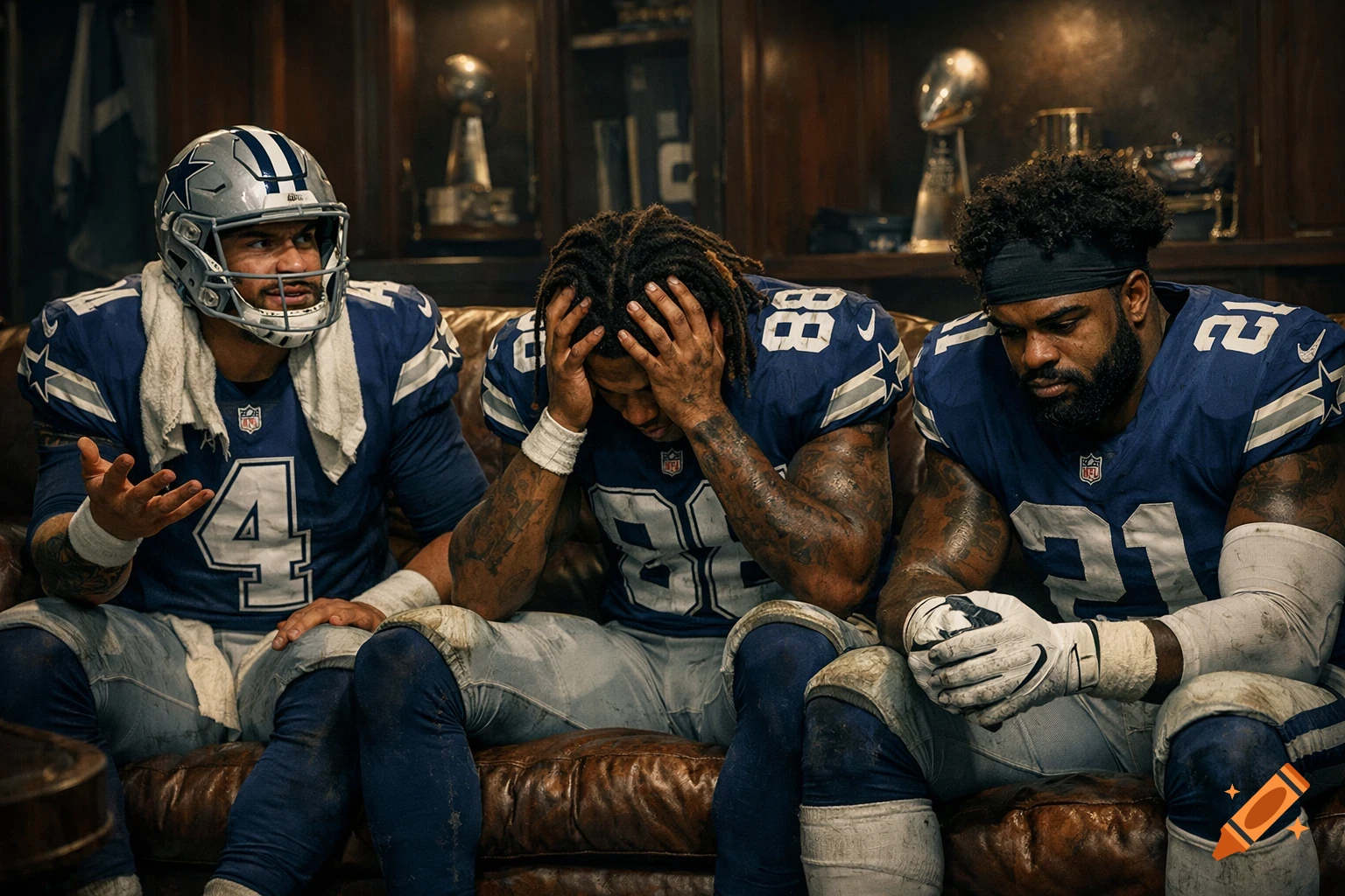 Three dejected Dallas Cowboys football players in uniforms sit on a brown leather couch in a trophy room.