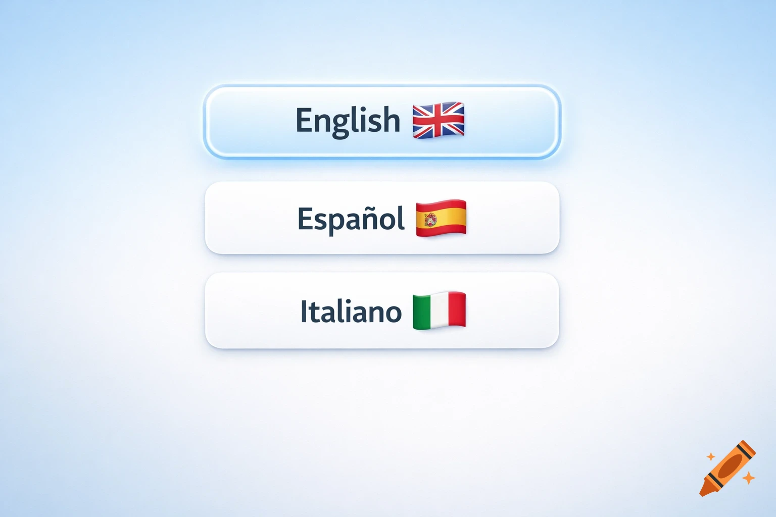 A clean language selection screen with buttons for English, Espa ol, and Italiano, each with its respective flag.
