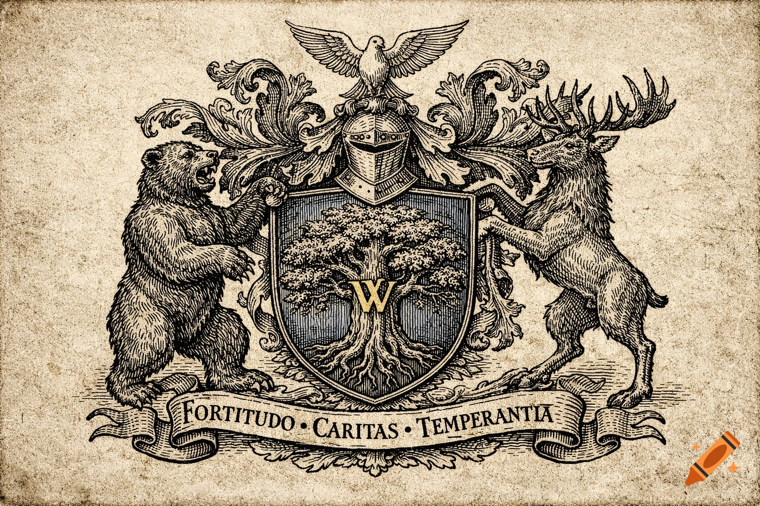 A medieval engraving of a heraldic crest, featuring a bear and deer supporting a shield with an oak tree and 'W', a dove above, and a banner reading 'FORTITUDO • CARITAS • TEMPERANTIA'.