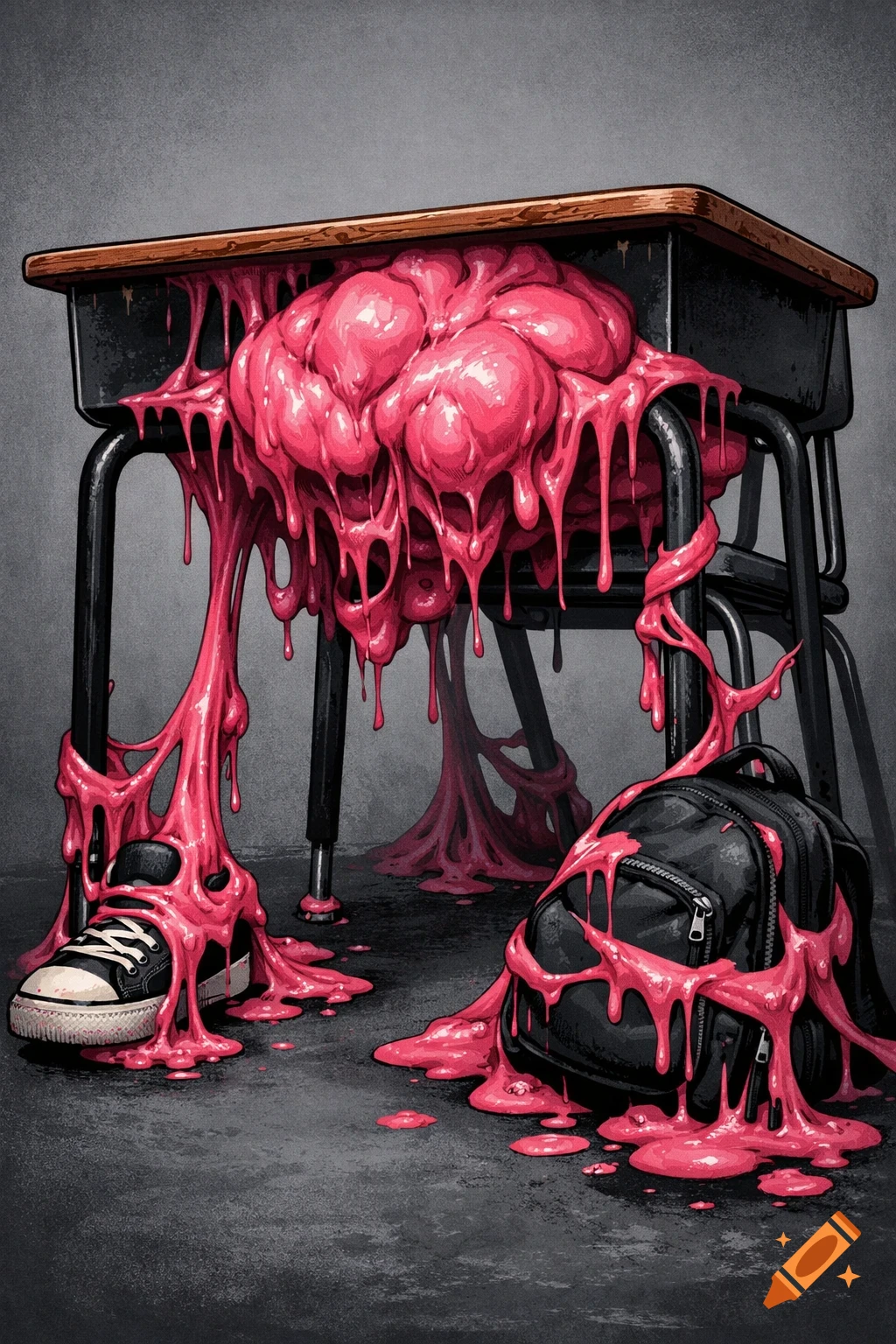 A surreal illustration of a school desk, shoe, and backpack completely covered in dripping pink goo.