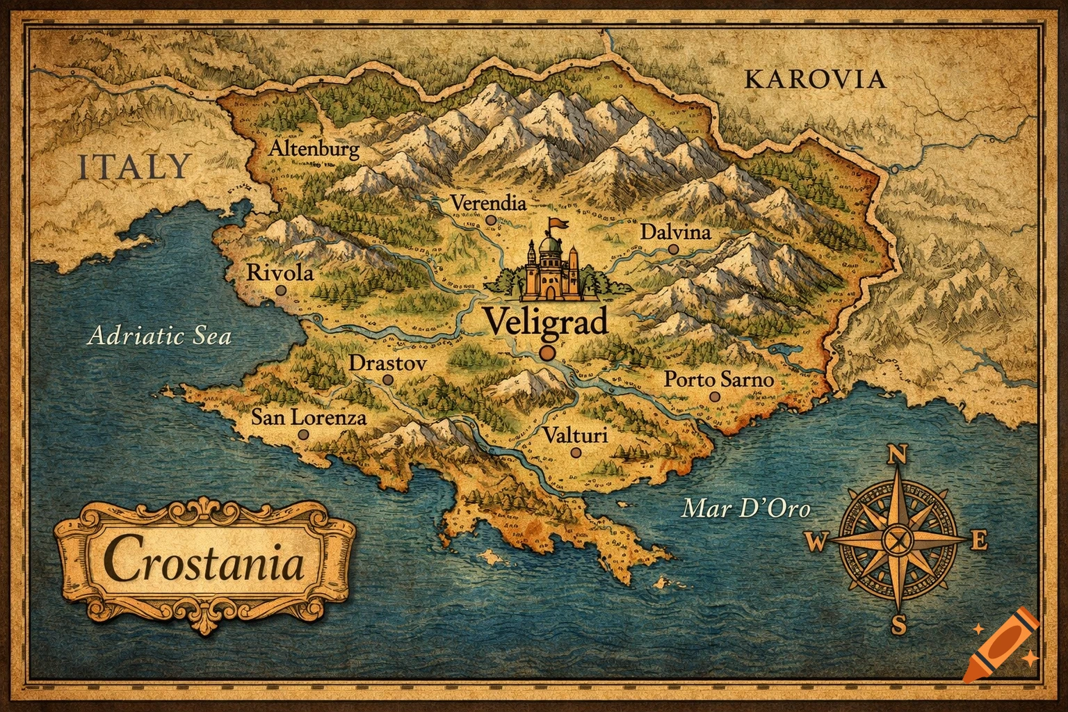 An old-style fantasy map depicting the fictional country of Crostania bordering Italy, with mountains, rivers, cities, and seas.