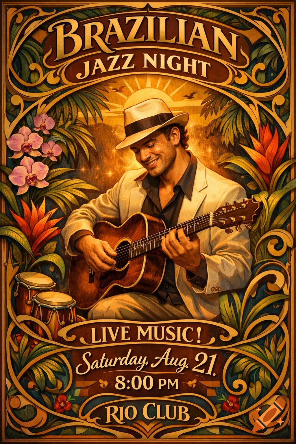 An Art Nouveau poster for 'Brazilian Jazz Night' featuring a man in a fedora playing an acoustic guitar amidst tropical foliage.