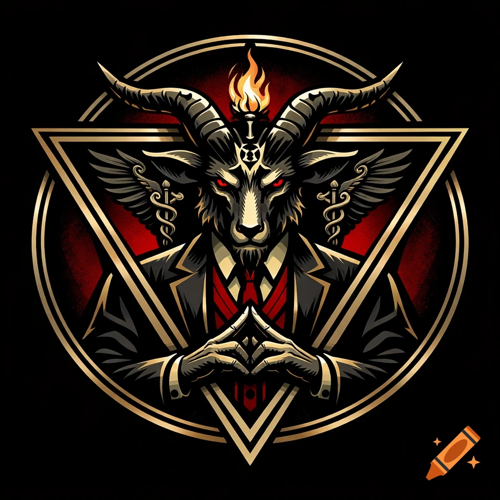 A stylized Baphomet, depicted as a goat-headed figure in a black suit and red tie, with a flame on its head and glowing red eyes, framed within a golden circle and triangle on a black background. The hands are clasped in a steeple gesture.