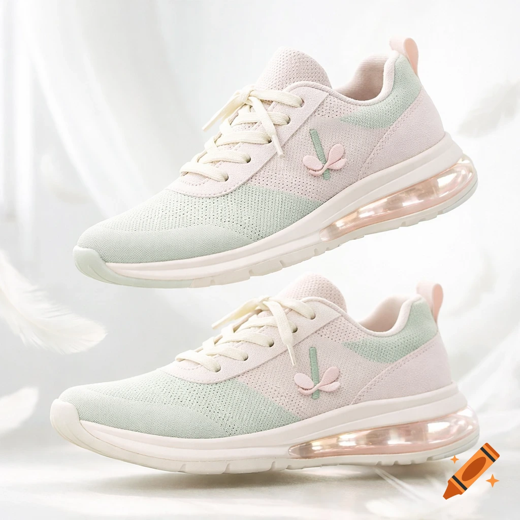 Photorealistic image of two light pink and pastel green women's sneakers with clear gel soles, floating against a soft white background.