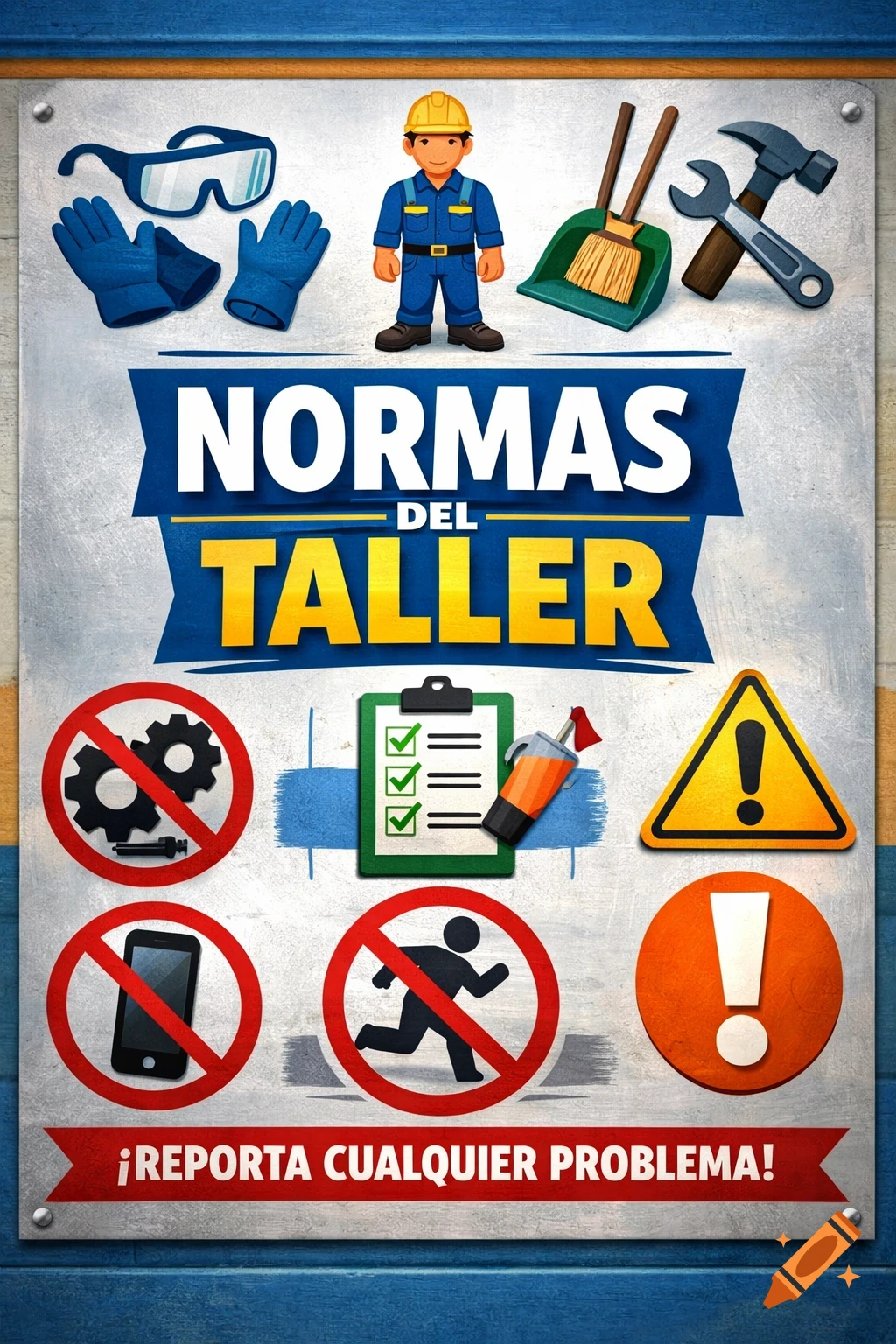 A cartoon safety poster for a workshop, featuring a worker, safety gear, tools, and rule icons. Text reads 'NORMAS DEL TALLER' and '¡REPORTA CUALQUIER PROBLEMA!'