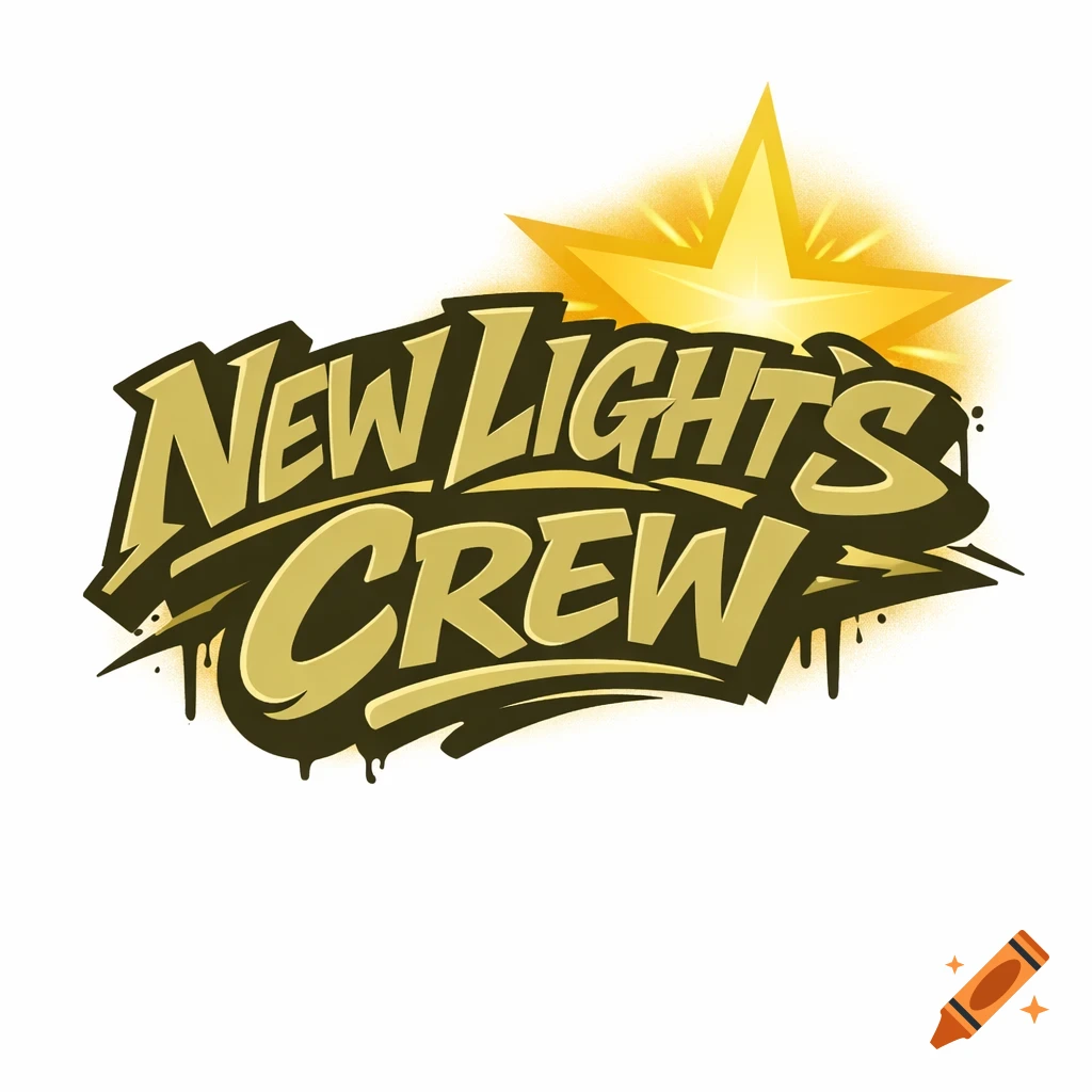 Gold and olive green logo featuring "New Lights Crew" in a bold, stylized, graffiti-like font with a bright yellow star shining from behind it on the upper right.
