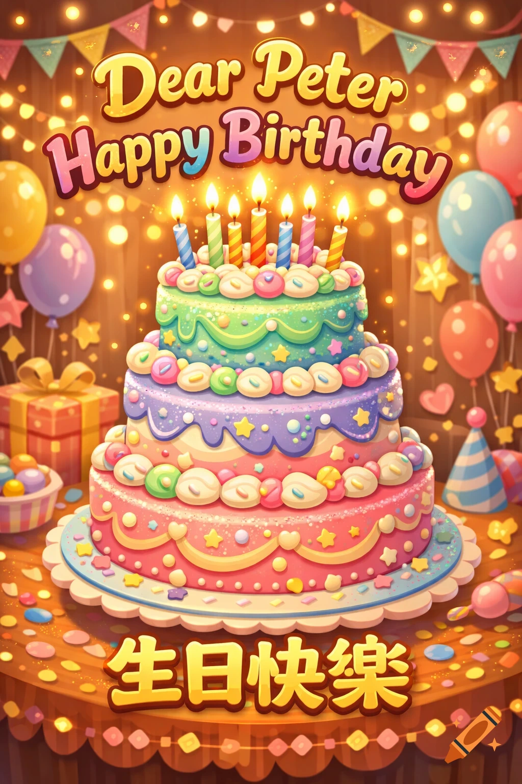 Vibrant cartoon birthday illustration with a tiered cake, lit candles, balloons, gifts, and "Dear Peter Happy Birthday" and Chinese characters for "Happy Birthday" text.
