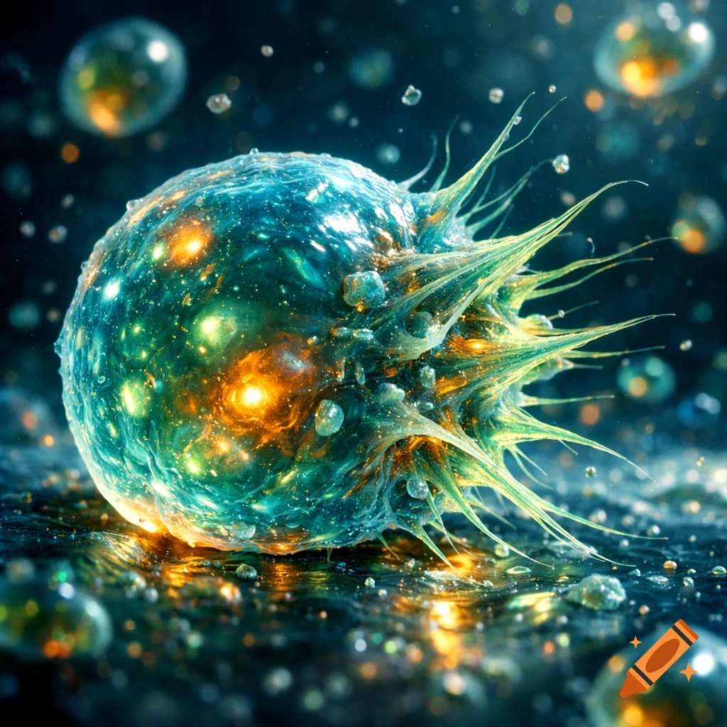 A glowing, spiky, microscopic cell-like organism in vibrant blue and green with orange internal lights, against a dark, blurry background.