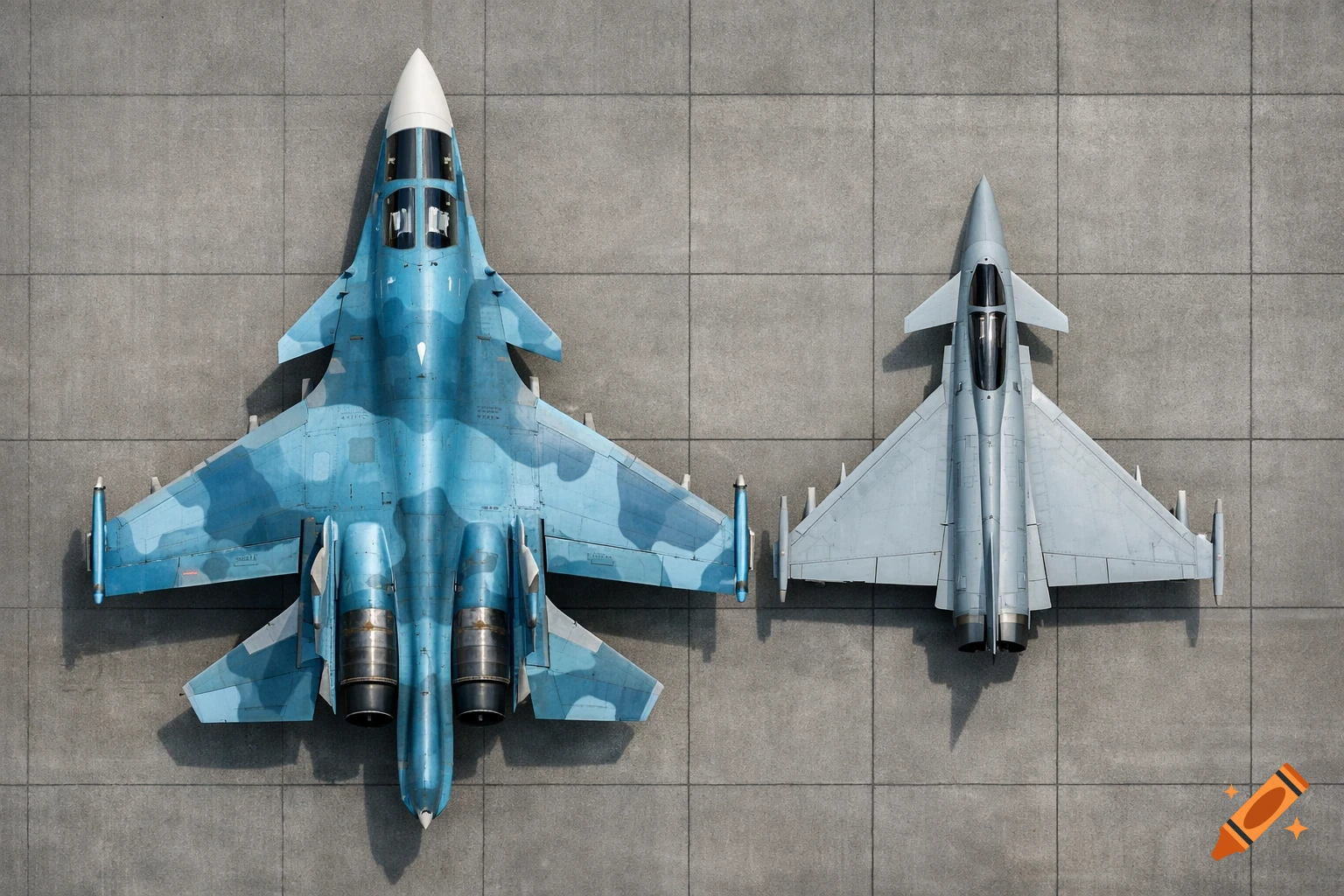 Aerial view of a blue camouflage SU-34 fighter jet next to a grey Eurofighter Typhoon on a concrete surface, for size comparison.