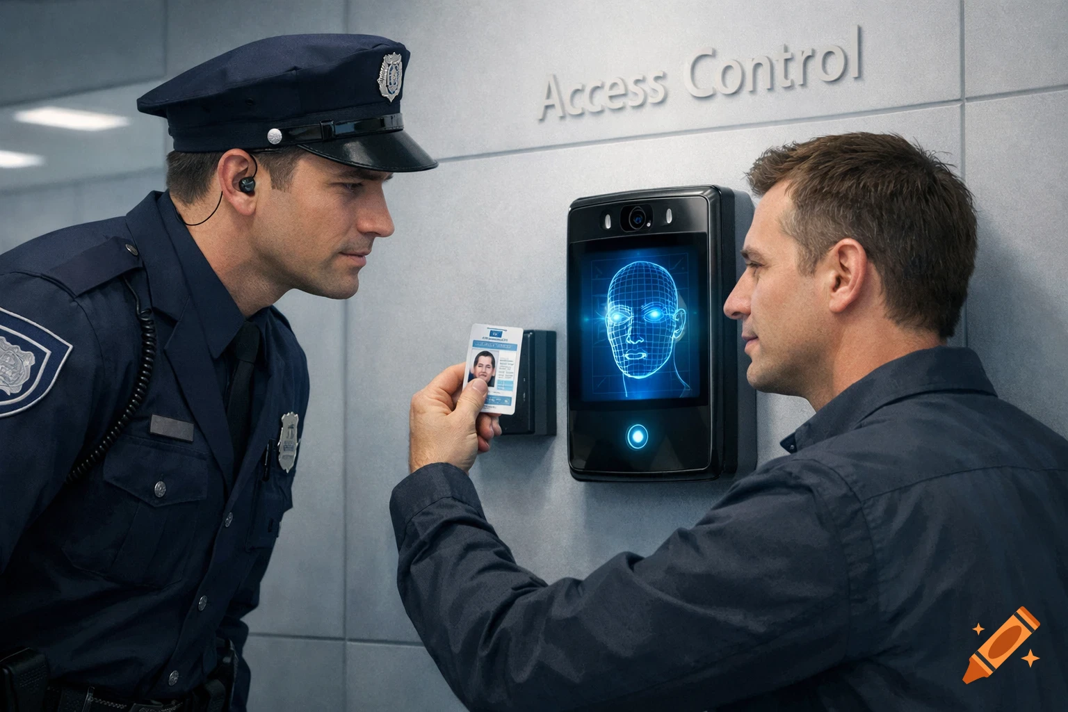 A security officer observes a man presenting an ID card to a facial recognition access control system.