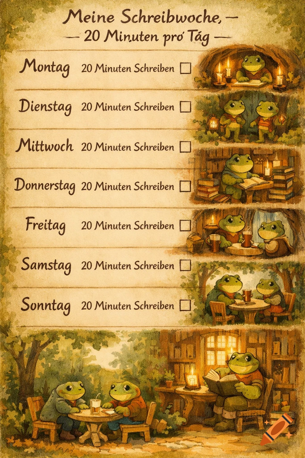 A hand-painted weekly planner featuring anthropomorphic frogs in cozy fantasy settings, with German text for days and writing activities.