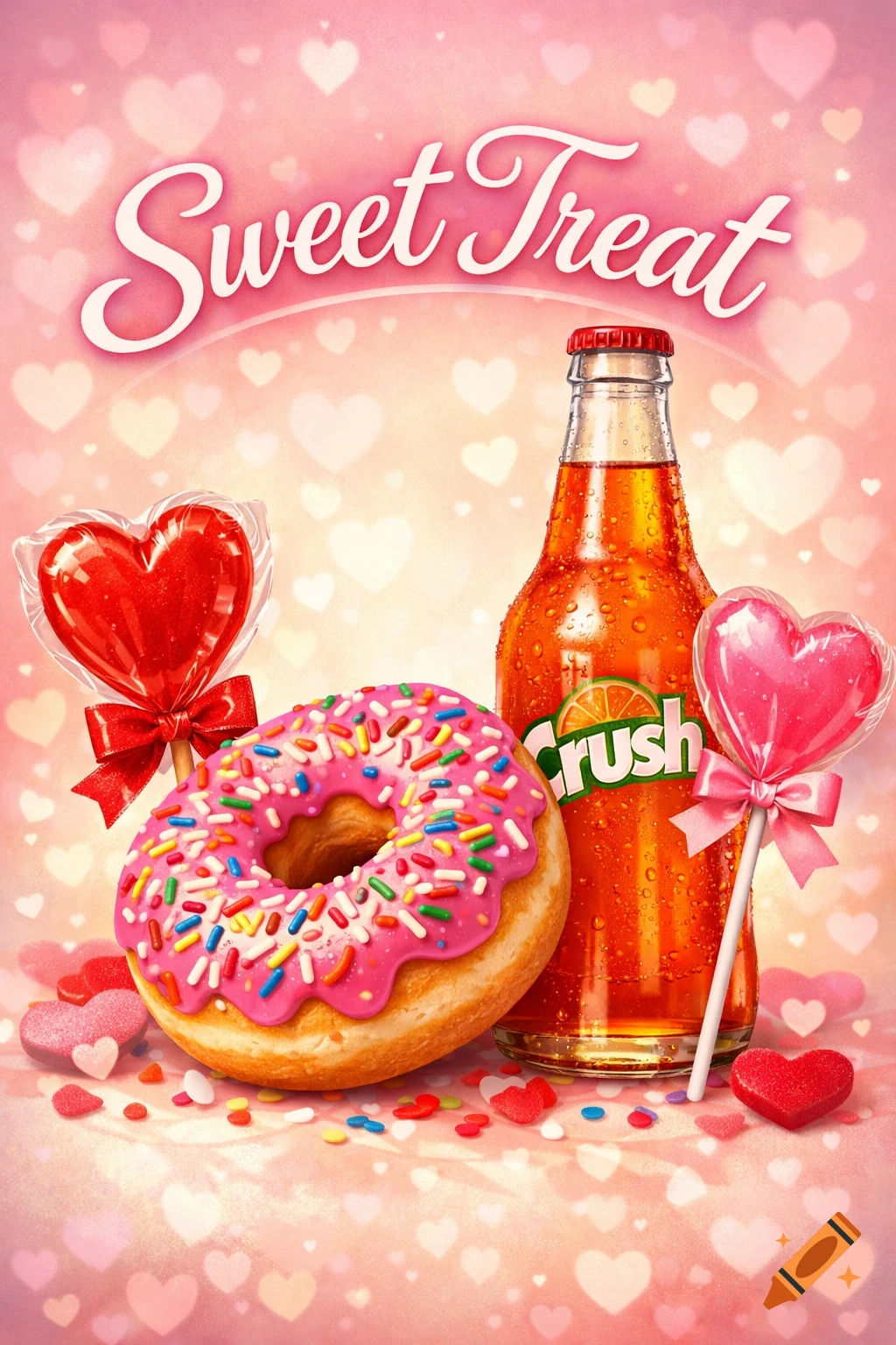 Valentine's Day poster with a pink donut, Crush soda, two heart lollipops, and 'Sweet Treat' text on a pink background with bokeh hearts.