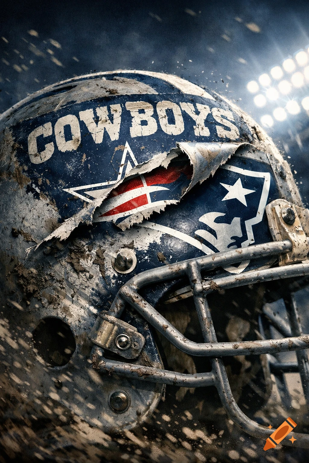 A dirty, worn Dallas Cowboys football helmet with a peeling sticker revealing a New England Patriots logo. Photorealistic.