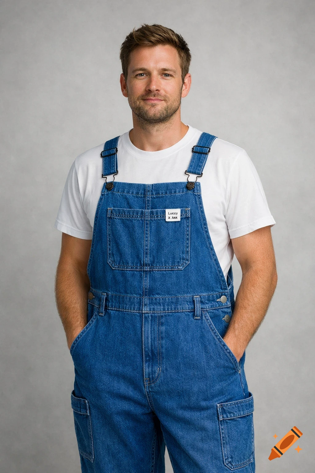 A man in a white t-shirt and blue denim overalls stands with hands in pockets, looking at the camera.
