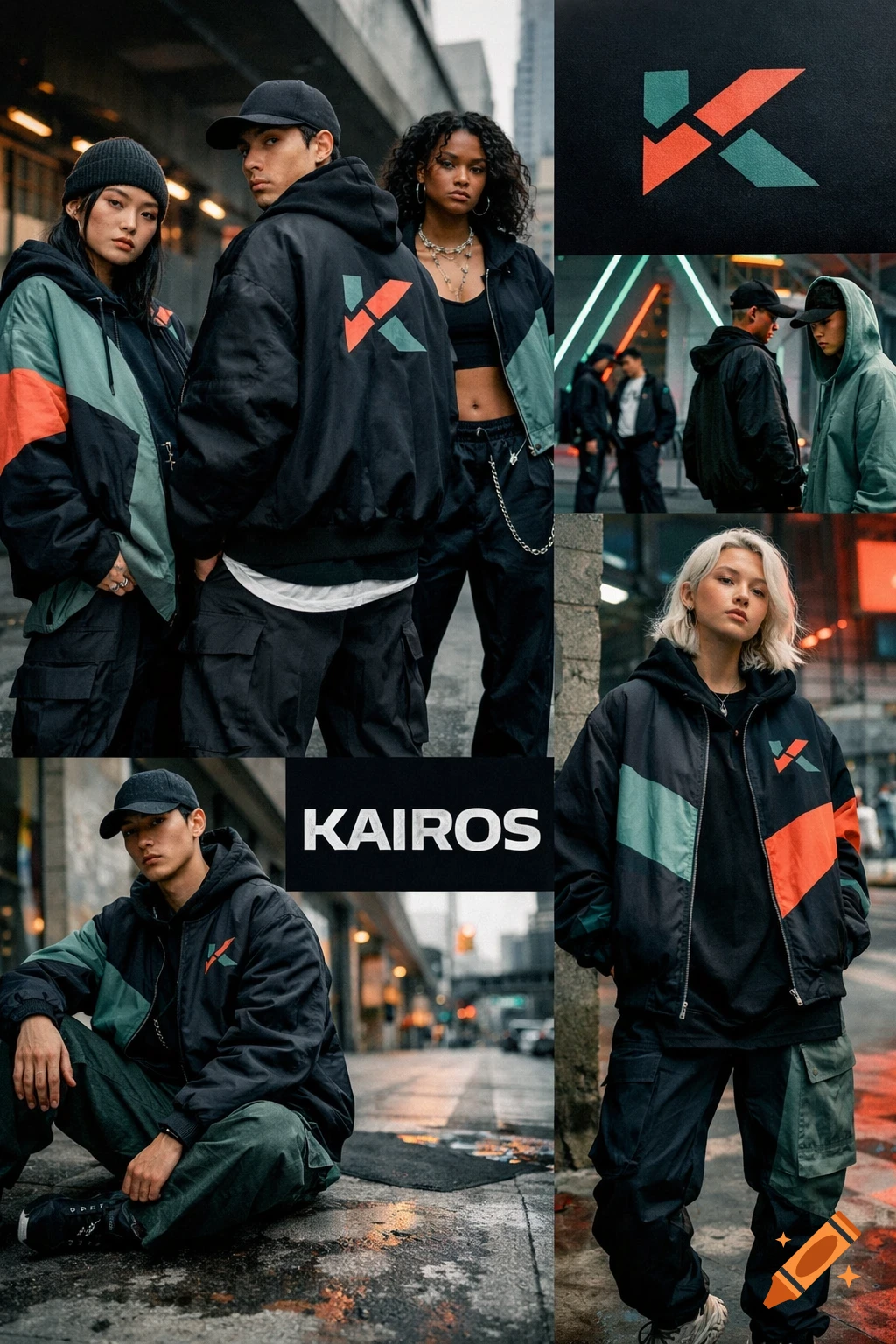 A multi-panel collage featuring young models wearing black, green, and orange KAIROS streetwear jackets with a 'K' logo in an urban setting.