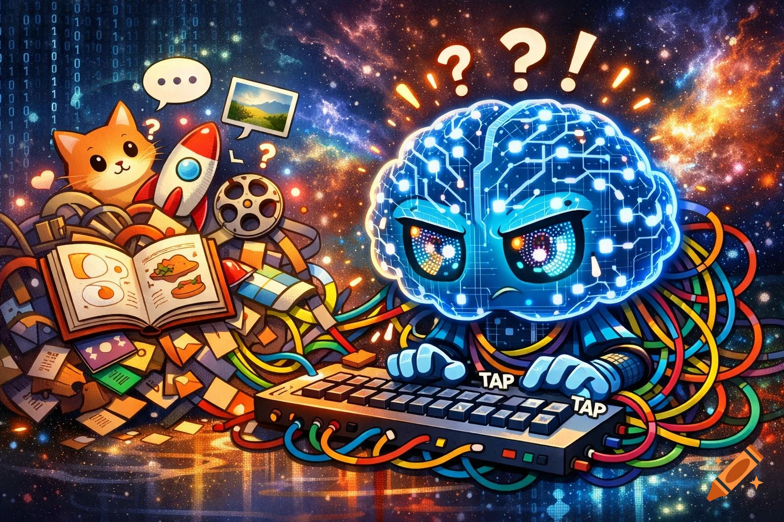 A cartoon AI brain with glowing circuits types on a keyboard, surrounded by colorful wires, a cat, rocket, book, and binary code in a cosmic setting.