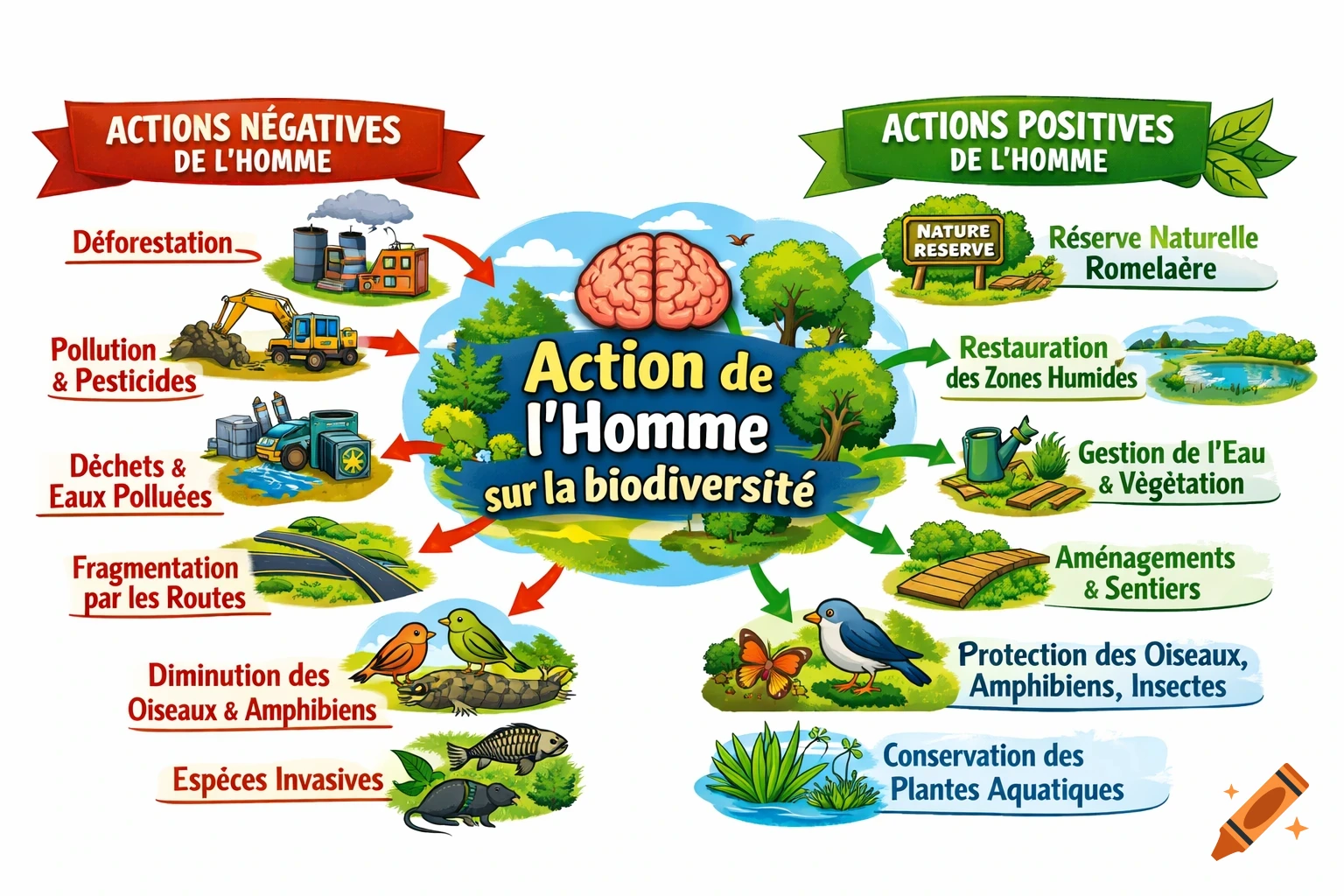 Colorful mind map illustrating human actions on biodiversity, categorizing negative impacts like deforestation and pollution, and positive actions like nature reserves and habitat restoration, with relevant icons.