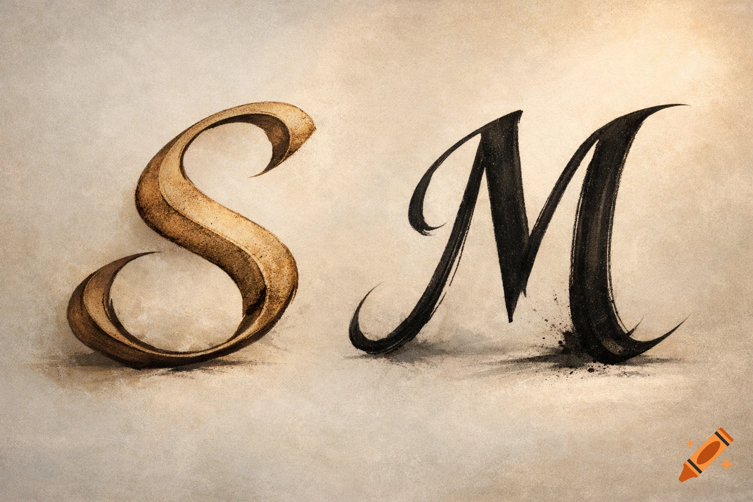 A stylized capital letter S in a textured brown, next to a black brushstroke capital letter M, on a light textured background.