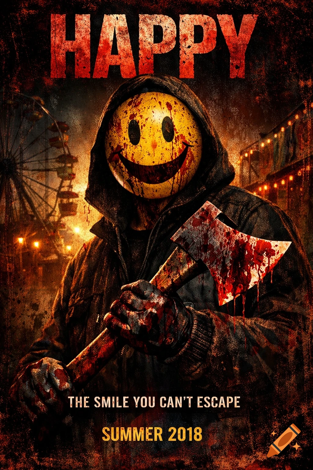 A horror movie poster with a hooded figure in a blood-splattered smiley mask holding a bloody axe at a dark carnival, with text "HAPPY".