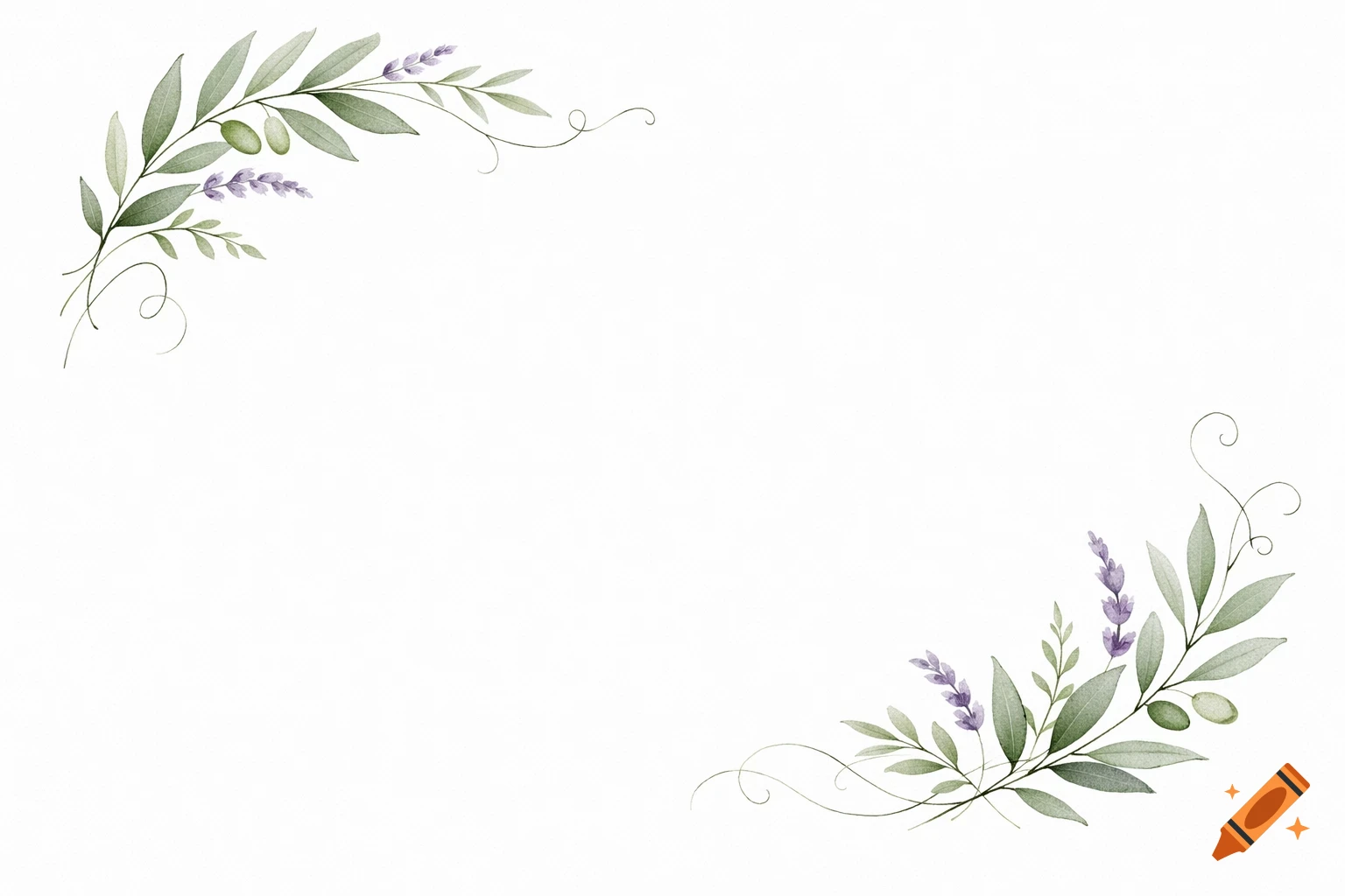 Watercolor illustration of green olive branches, purple lavender, and delicate vines framing a white background.