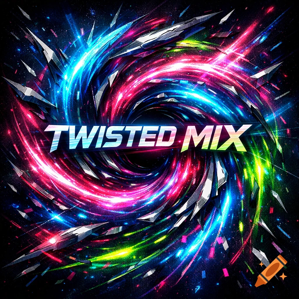 Vibrant abstract design with neon pink, blue, and green light streaks forming a vortex, centered with the text 'TWISTED MIX'.