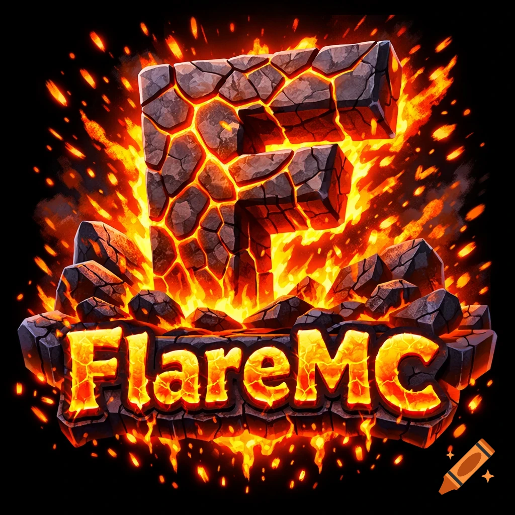 A fiery 3D capital letter F made of cracked lava and glowing molten rock with the text 'FlareMC' below, against a black background.