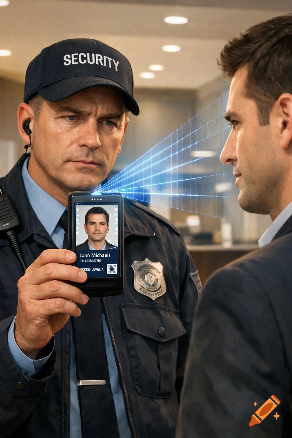 A security guard in uniform uses a handheld device for facial recognition, scanning a man's face. The device screen displays an ID with a photo and text.