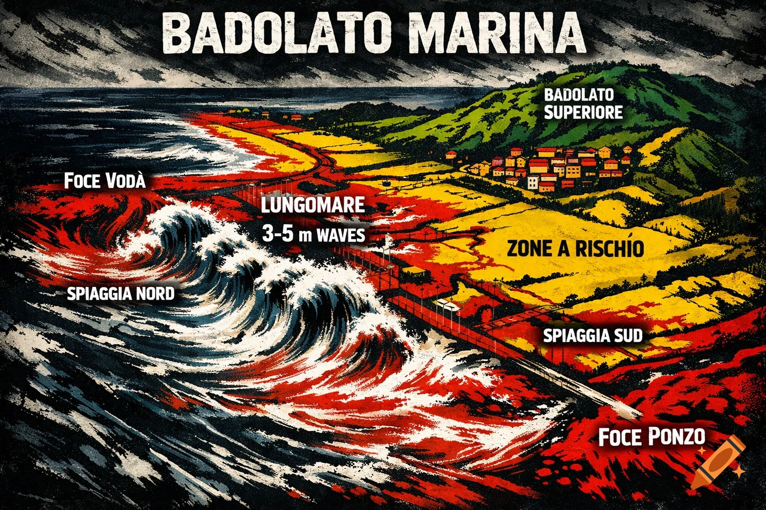 An illustrative map of Badolato Marina, Italy, showing coastal features, risk zones in red and yellow, and green safe zones, with prominent waves in a stylized, distressed art style.
