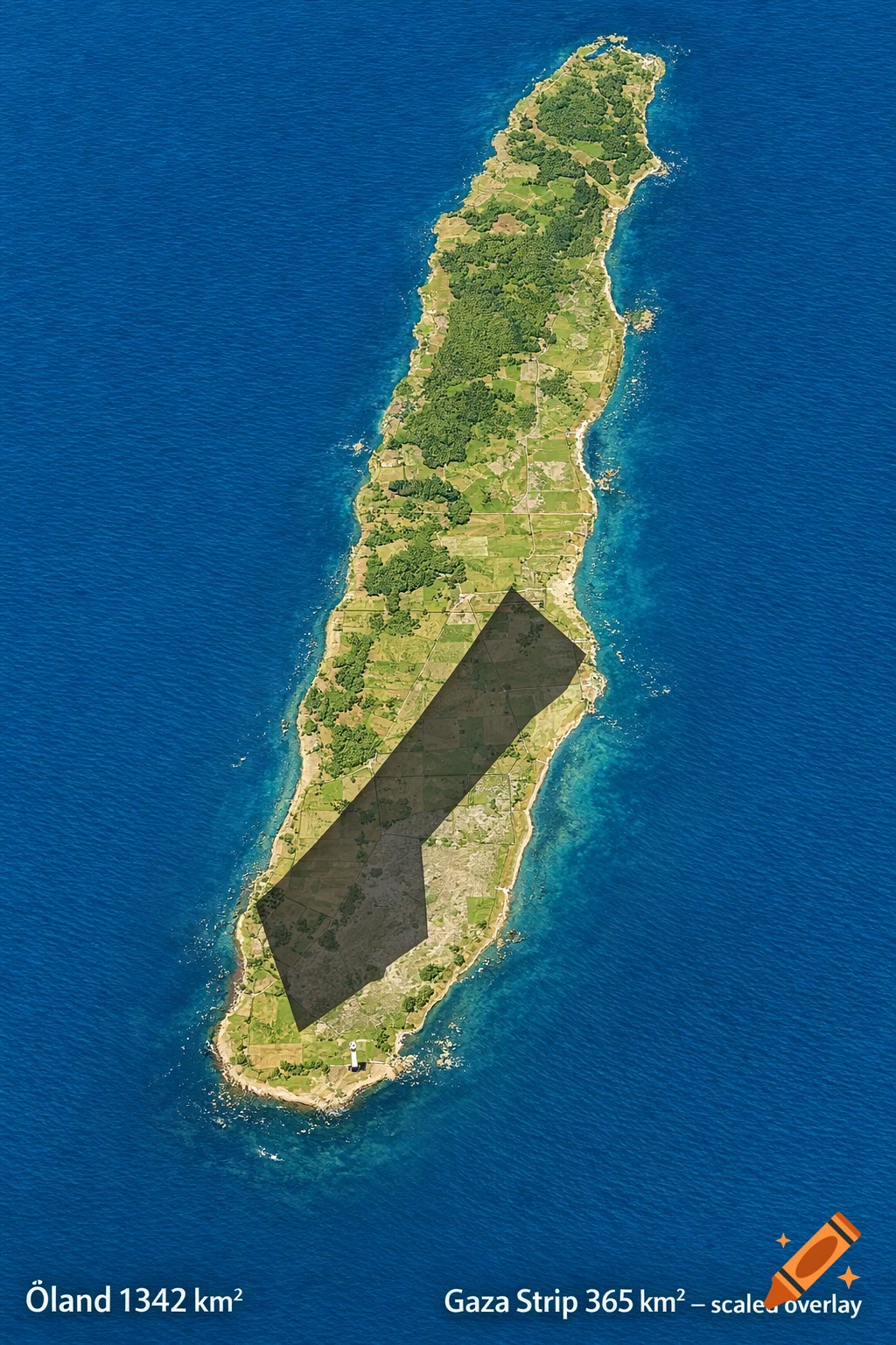Top-down aerial map of Öland island with a semi-transparent Gaza Strip overlay for size comparison, showing green land and blue sea.