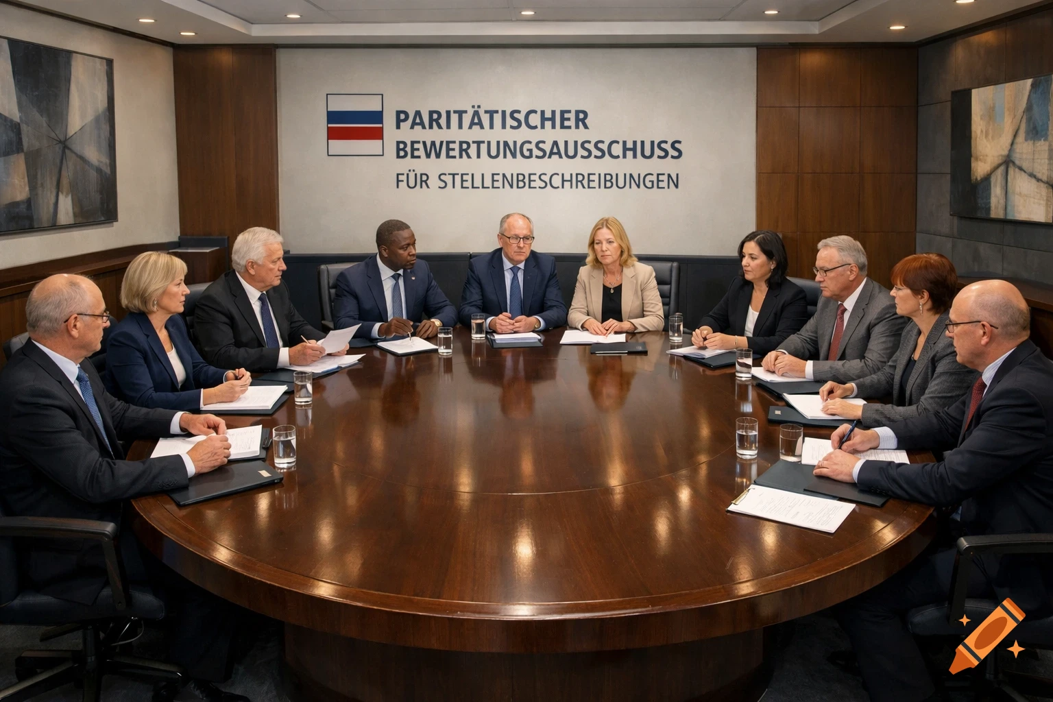 Photorealistic image of eleven professionals in suits seated around a large polished wooden table in a modern boardroom. Text is on the wall.