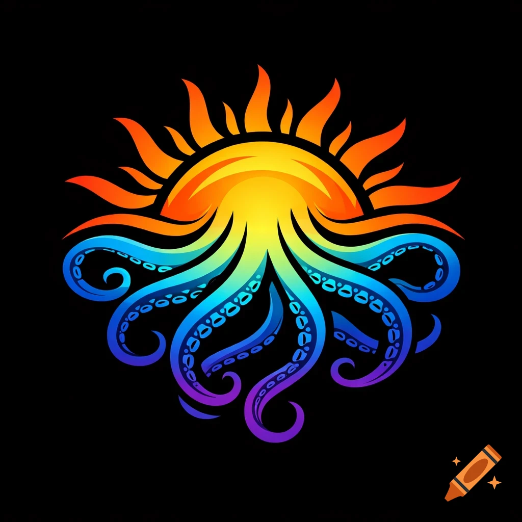 A vibrant logo featuring a stylized orange and yellow sun combined with a blue and purple octopus on a black background.