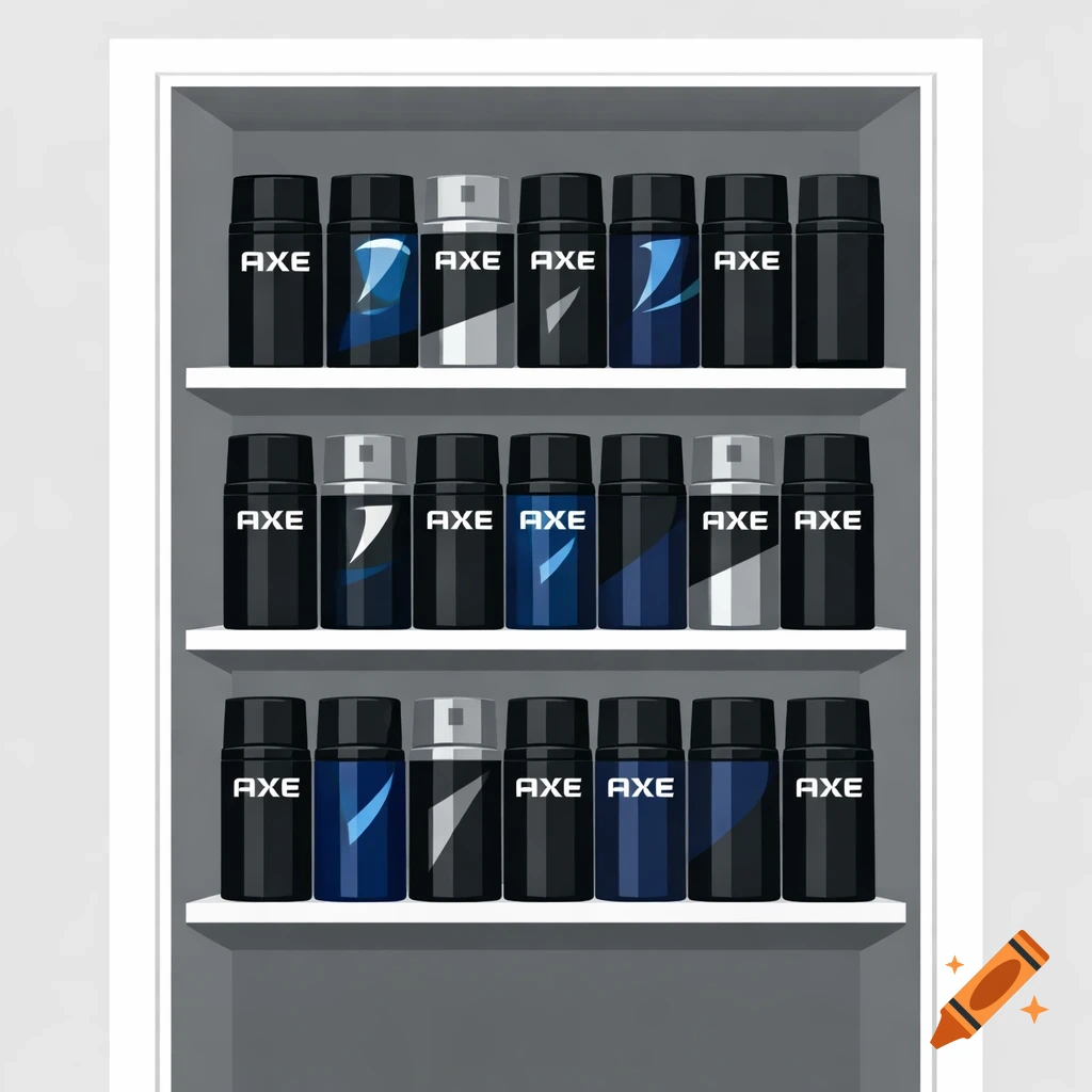 A stylized illustration of three shelves in a white closet, filled with black and blue Axe body spray cans.
