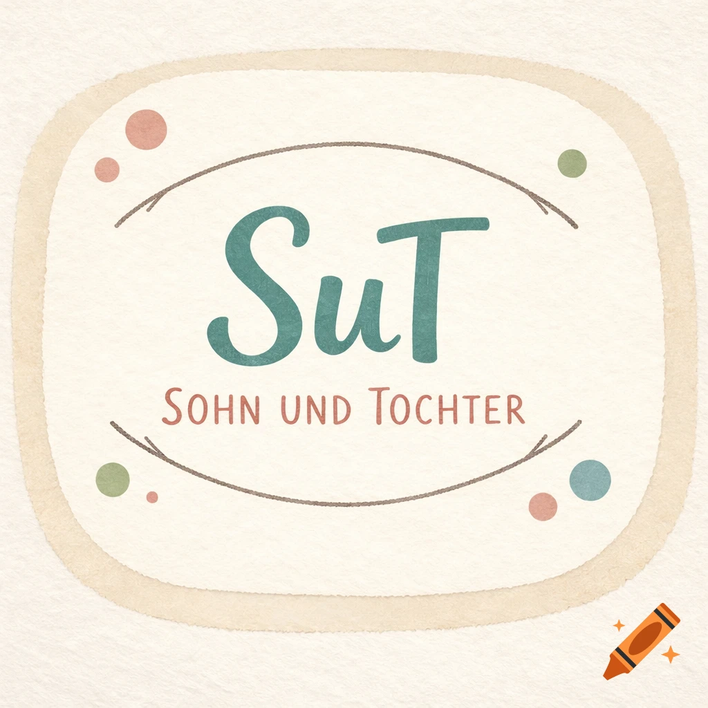 A logo with large green 'SuT' text and smaller 'Sohn und Tochter' below, on a textured rounded beige background with colorful dots.