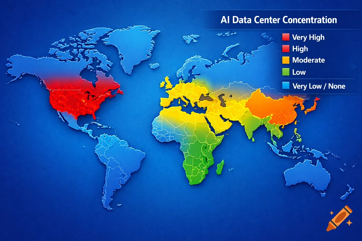 Colorful world map illustrating AI data center concentration levels by region using a color-coded legend.