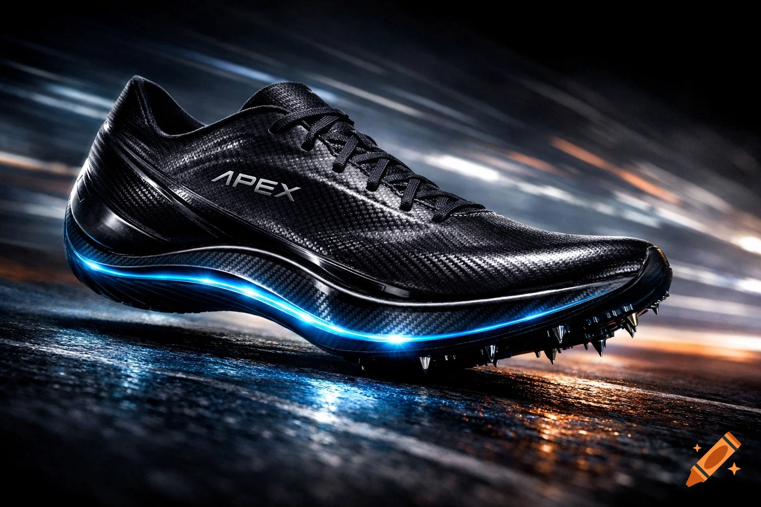 A sleek black running shoe with 'APEX' written on its side, featuring a bright blue glowing stripe, against a dark, dynamic background with speed lines.