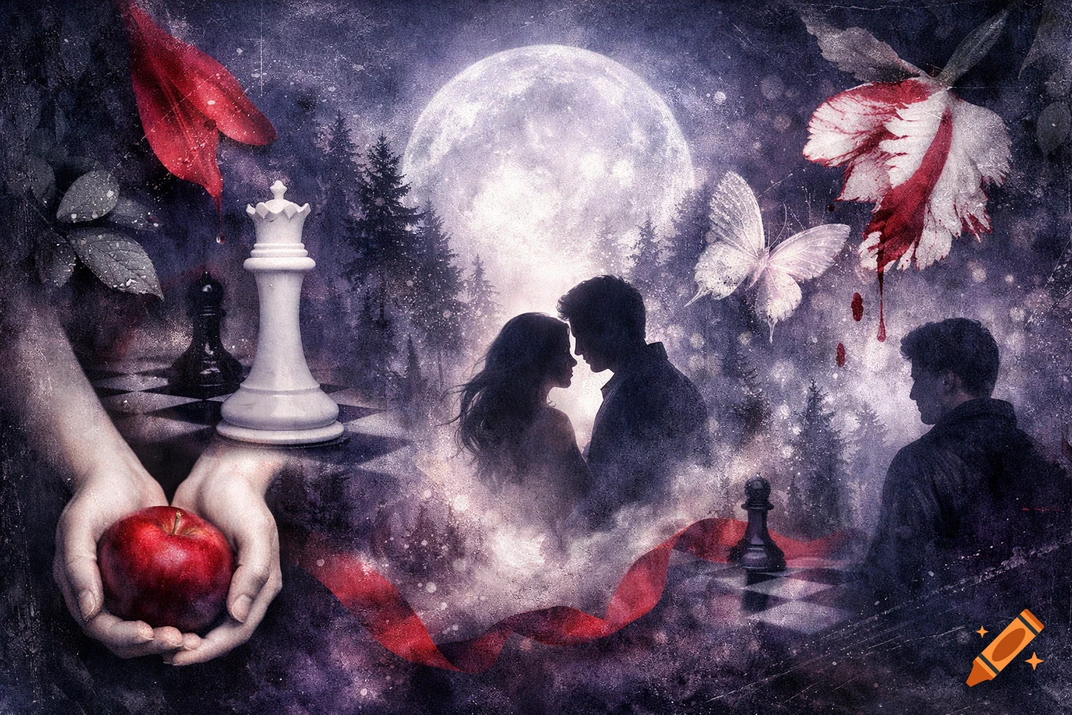 Dark fantasy art with a full moon over a forest, a silhouetted couple, a hand holding a red apple, chess pieces, and blood-stained flowers.