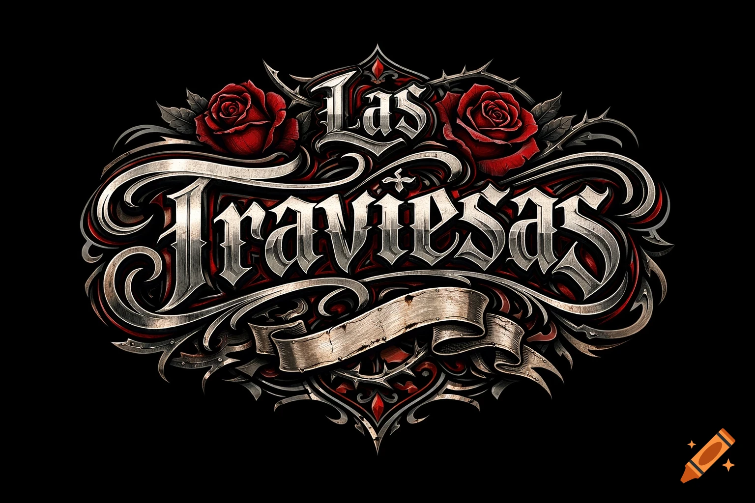 Ornate chicano style logo with metallic silver text 'Las Traviesas' flanked by red roses and thorny vines on a black background.