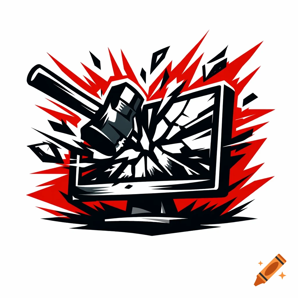A stylized logo showing a hammer smashing a computer monitor, with red and black sharp shards emanating from the impact.