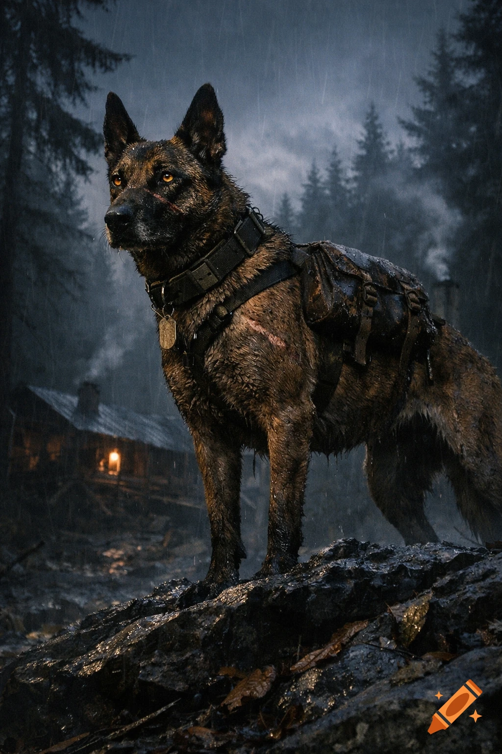 A gritty, cinematic image of a wet, scarred Belgian Malinois dog in a rainy, misty pine forest with a glowing cabin in the background.